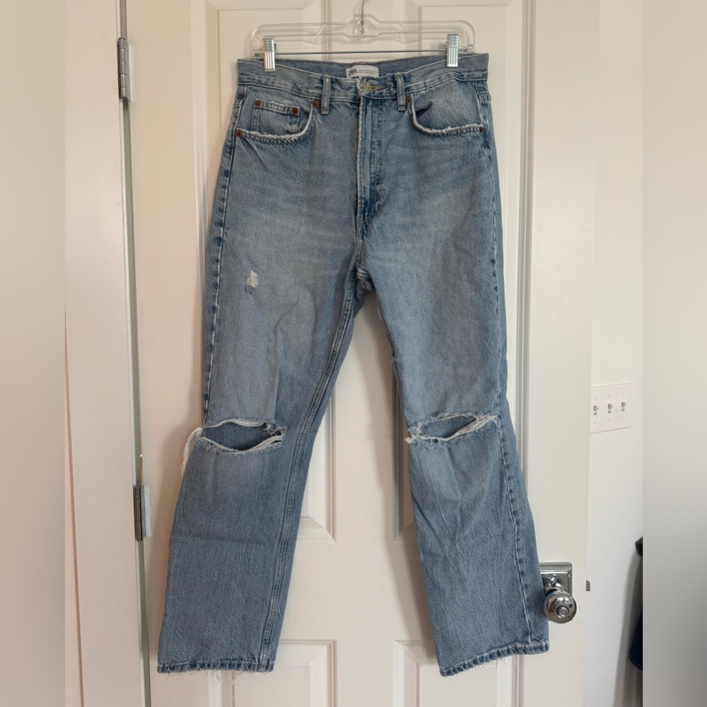 Zara Full Length Distressed Straight Leg Blue Denim Jeans Size 10